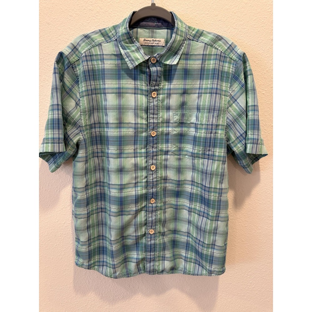 Tommy Bahama Shirt Mens Medium Green Plaid Coconut Point Button Up Short Sleeve